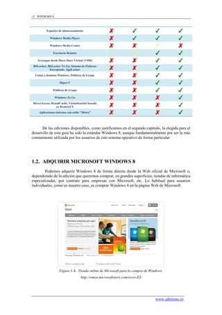 12 WINDOWS 8



          Espacios de almacenamiento

             Windows Media Player

             Windows Media Center

               Escritorio Remoto

    Arranque desde Disco Duro Virtual (VHD)
 BitLocker, BitLocker To Go, Sistema de Ficheros
             Encriptado, AppLocker
  Unión a dominio Windows, Políticas de Grupo

                    Hiper-V

               Políticas de Grupo

                Windows To Go
DirectAccess, BrandCaché, Virtualización basada
                 en RemoteFX
     Aplicaciones internas con estilo “Metro”




      De las ediciones disponibles, como justificamos en el segundo capítulo, la elegida para el
desarrollo de esta guía ha sido la estándar Windows 8, aunque fundamentalmente por ser la más
comúnmente utilizada por los usuarios de este sistema operativo de forma particular.




1.2. ADQUIRIR MICROSOFT WINDOWS 8
        Podemos adquirir Windows 8 de forma directa desde la Web oficial de Microsoft o,
dependiendo de la edición que queremos comprar, en grandes superficies, tiendas de informática
especializadas, por contrato para empresas con Microsoft, etc. Lo habitual para usuarios
individuales, como es nuestro caso, es comprar Windows 8 en la página Web de Microsoft.




                    Figura 1-4. Tienda online de Microsoft para la compra de Windows.
                                     http://emea.microsoftstore.com/es/es-ES




                                                                                www.adminso.es
 