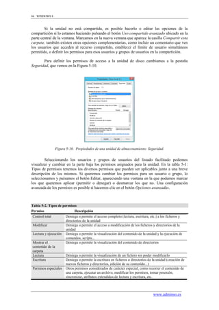84 WINDOWS 8



        Si la unidad no está compartida, es posible hacerlo o editar las opciones de la
compartición si lo estamos haciendo pulsando el botón Uso compartido avanzado ubicado en la
parte central de la ventana. Marcamos en la nueva ventana que aparece la casilla Compartir esta
carpeta; también existen otras opciones complementarias, como incluir un comentario que ven
los usuarios que acceden al recurso compartido, establecer el límite de usuario simultáneos
permitido, o definir los permisos para esos usuarios y grupos de usuarios en la compartición.

       Para definir los permisos de acceso a la unidad de disco cambiamos a la pestaña
Seguridad, que vemos en la Figura 5-10.




                Figura 5-10. Propiedades de una unidad de almacenamiento: Seguridad.


        Seleccionando los usuarios y grupos de usuarios del listado facilitado podemos
visualizar y cambiar en la parte baja los permisos asignados para la unidad. En la tabla 5-1:
Tipos de permisos tenemos los diversos permisos que pueden ser aplicables junto a una breve
descripción de los mismos. Si queremos cambiar los permisos para un usuario o grupo, lo
seleccionamos y pulsamos el botón Editar, apareciendo una ventana en la que podemos marcar
los que queremos aplicar (permitir o denegar) o desmarcar los que no. Una configuración
avanzada de los permisos es posible si hacemos clic en el botón Opciones avanzadas.



Tabla 5-2. Tipos de permisos
Permiso                     Descripción
 Control total        Deniega o permite el acceso completo (lectura, escritura, etc.) a los ficheros y
                      directorios de la unidad
 Modificar            Deniega o permite el acceso a modificación de los ficheros y directorios de la
                      unidad
 Lectura y ejecución Deniega o permite la visualización del contenido de la unidad y la ejecución de
                      comandos, scripts...
 Mostrar el           Deniega o permite la visualización del contenido de directorios
 contenido de la
 carpeta
 Lectura              Deniega o permite la visualización de un fichero sin poder modificarlo
 Escritura            Deniega o permite la escritura en ficheros o directorios de la unidad (creación de
                      nuevos ficheros y directorios, edición de su contenido...)
 Permisos especiales Otros permisos considerados de carácter especial, como recorrer el contenido de
                      una carpeta, ejecutar un archivo, modificar los permisos, tomar posesión,
                      sincronizar, atributos extendidos de lectura y escritura, etc.



                                                                                  www.adminso.es
 