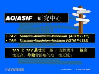 Justin Rowe  MATHYS CHINA AO/ASIF  研究中心   TAN  比   TAV  品质更优越  (  毒性更小  ,  抗腐蚀性更高 ,  导致骨溶解的危险性更低 ) TAV:  Titanium-Aluminium-Vanadium  (ASTM F-136) TAN:  Titanium-Aluminium-Niobium (ASTM F-1295) 