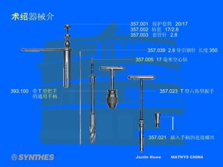 Justin Rowe  MATHYS CHINA 357.001  保护套筒  20/17 357.002   钻套  17/2.8 357.003  套管针  2.8 357.039  2.8 导引钢针 长度 350 357.005  17 毫米空心钻 393.100  带 T 型把手   的通用手柄 357.023  T 型六角型扳手 357.021  插入手柄的连接螺丝 手术器械介绍 