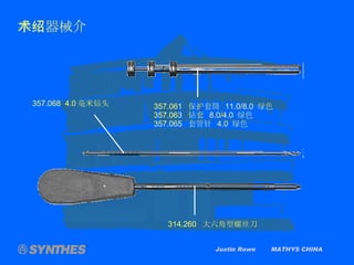 Justin Rowe  MATHYS CHINA 手术器械介绍 357.061  保护套筒  11.0/8.0  绿色 357.063  钻套  8.0/4.0  绿色 357.065   套管针  4.0  绿色 357.068  4.0 毫米钻头 314.260  大六角型螺丝刀 