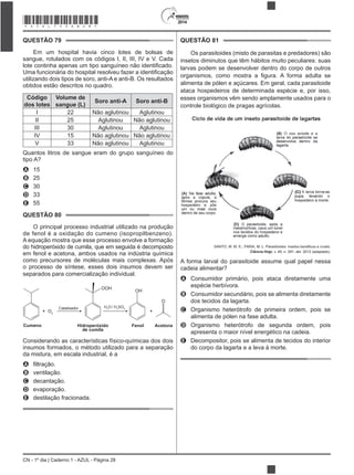 2014
CN - 1º dia | Caderno 1 - AZUL - Página 28
QUESTÃO 79
Em um hospital havia cinco lotes de bolsas de
sangue, rotulados com os códigos I, II, III, IV e V. Cada
utilizando dois tipos de soro, anti-A e anti-B. Os resultados
obtidos estão descritos no quadro.
Código
dos lotes
Volume de
sangue (L)
Soro anti-A Soro anti-B
I 22 Não aglutinou Aglutinou
II 25 Aglutinou Não aglutinou
III 30 Aglutinou Aglutinou
IV 15 Não aglutinou Não aglutinou
V 33 Não aglutinou Aglutinou
Quantos litros de sangue eram do grupo sanguíneo do
tipo A?
A 15
B 25
C 30
D 33
E 55
QUESTÃO 80
O principal processo industrial utilizado na produção
de fenol é a oxidação do cumeno (isopropilbenzeno).
A equação mostra que esse processo envolve a formação
do hidroperóxido de cumila, que em seguida é decomposto
em fenol e acetona, ambos usados na indústria química
como precursores de moléculas mais complexas. Após
o processo de síntese, esses dois insumos devem ser
separados para comercialização individual.
Cumeno
+ O2
Catalisador
OOH
H2
O / H2
SO4
OH
Hidroperóxido
de cumila
Fenol
+
O
Acetona
Considerando as características físico-químicas dos dois
insumos formados, o método utilizado para a separação
da mistura, em escala industrial, é a
A
B ventilação.
C decantação.
D evaporação.
E destilação fracionada.
QUESTÃO 81
Os parasitoides (misto de parasitas e predadores) são
insetos diminutos que têm hábitos muito peculiares: suas
larvas podem se desenvolver dentro do corpo de outros
alimenta de pólen e açúcares. Em geral, cada parasitoide
ataca hospedeiros de determinada espécie e, por isso,
esses organismos vêm sendo amplamente usados para o
controle biológico de pragas agrícolas.
Ciência Hoje, v. 49, n. 291, abr. 2012 (adaptado).
A forma larval do parasitoide assume qual papel nessa
cadeia alimentar?
A Consumidor primário, pois ataca diretamente uma
espécie herbívora.
B Consumidor secundário, pois se alimenta diretamente
dos tecidos da lagarta.
C Organismo heterótrofo de primeira ordem, pois se
alimenta de pólen na fase adulta.
D Organismo heterótrofo de segunda ordem, pois
apresenta o maior nível energético na cadeia.
E Decompositor, pois se alimenta de tecidos do interior
do corpo da lagarta e a leva à morte.
*AZUL75SAB28*
 