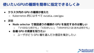使いたいGPUの種類を簡単に指定できるしくみ
● クラスタ内の GPU の種類が増えた
○ Kubernetes 的にはすべて nvidia.com/gpu
● 課題
● Node selector で意図通りの種類の GPU を指定するのは難しい
○ 「V100なら何でも」「A30 いい」「VRAM 32 GB あれば何でも」
● 各種 GPU の需要を知りたい
○ ユーザ どう GPU 種を選んだ 意図を集計したい
12
 