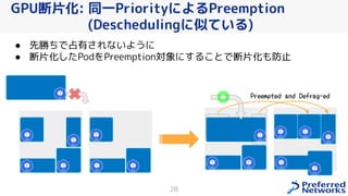 GPU断片化: 同一PriorityによるPreemption
(Deschedulingに似ている)
28
Preempted and Defrag-ed
● 先勝ちで占有 れないように
● 断片化したPodをPreemption対象にする とで断片化も防止
 
