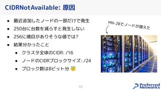 CIDRNotAvailable: 原因
● 最近追加したノードの一部だ で発生
● 250台に台数を減らすと発生しない
● 256に境目 ありそうな値では?
● 結果分 った と
● クラスタ全体のCIDR: /16
● ノードのCIDRブロックサイズ: /24
● ブロック数は8ビット分 😇
39
MN-2Bでノード 増えた
 