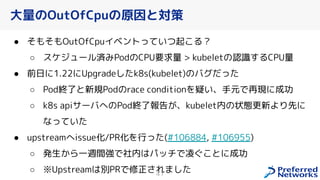 大量のOutOfCpuの原因と対策
● そもそもOutOfCpuイベントっていつ起 る？
○ スケジュール済みPodのCPU要求量 > kubeletの認識するCPU量
● 前日に1.22にUpgradeしたk8s(kubelet)のバグだった
○ Pod終了と新規Podのrace conditionを疑い、手元で再現に成功
○ k8s apiサーバへのPod終了報告 、kubelet内の状態更新より先に
なっていた
● upstreamへissue化/PR化を行った(#106884, #106955)
○ 発生 ら一週間強で社内はパッチで凌 とに成功
○ ※Upstreamは別PRで修正 れました
41
 