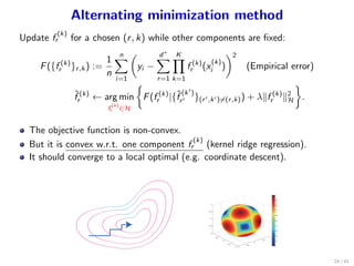 Alternating minimization method
Update f
(k)
r for a chosen (r, k) while other components are ﬁxed:
F({f (k)
r }r,k ) :=
1
n
n∑
i=1
(
yi −
d∗
∑
r=1
K∏
k=1
f (k)
r (x
(k)
i )
)2
(Empirical error)
ˆf (k)
r ← arg min
f
(k)
r ∈H
{
F(f (k)
r |{ˆf
(k′
)
r′ }(r′,k′)̸=(r,k)) + λ∥f (k)
r ∥2
H
}
.
The objective function is non-convex.
But it is convex w.r.t. one component f
(k)
r (kernel ridge regression).
It should converge to a local optimal (e.g. coordinate descent).
24 / 41
 