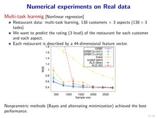 Numerical experiments on Real data
Multi-task learnnig [Nonlinear regression]
Restaurant data: multi-task learning, 138 customers × 3 aspects (138 × 3
tasks)
We want to predict the rating (3 level) of the restaurant for each customer
and each aspect.
Each restaurant is described by a 44-dimensional feature vector.
0.4
0.6
0.8
1
1.2
1.4
1.6
1.8
500 1000 1500 2000 2500
MSE
Sample size
GRBF
GRBF(2)+lin(1)
GRBF(1)+lin(2)
linear
scaled latent
ALS (Best)
ALS (50)
Nonprametric methods (Bayes and alternating minimization) achieved the best
performance.
37 / 41
 
