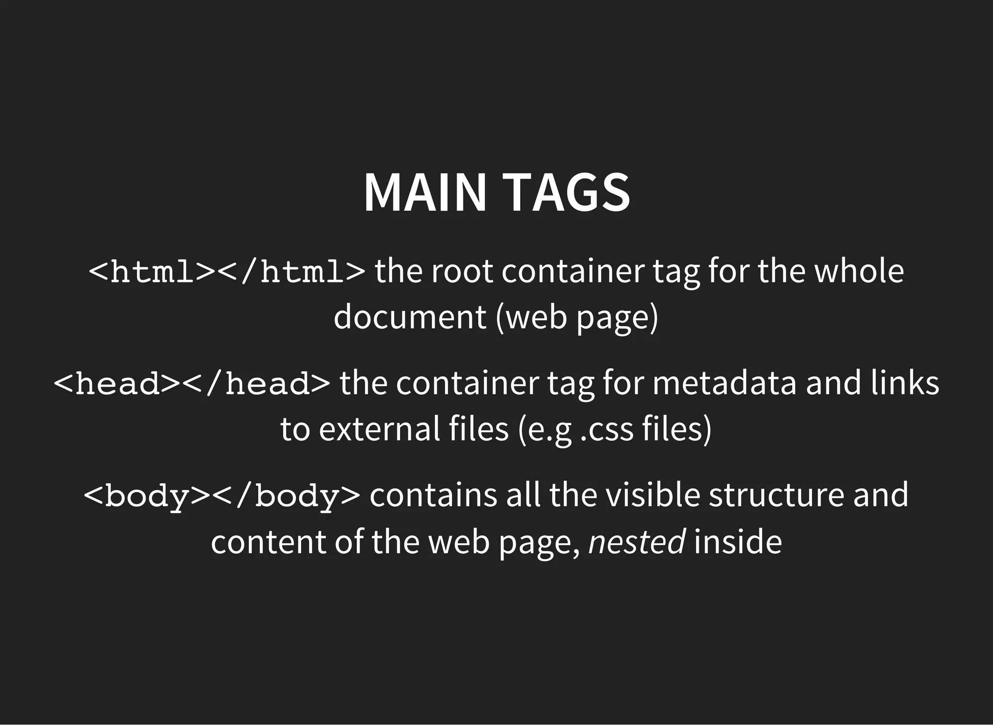 CONTENT TAGS
Heading Elements
<h1>Largest Heading</h1>
<h2>. . . </h2>
<h3>. . . </h3>
<h4>. . .</h4>
<h5>. . . </h5>
<h6>Smallest Heading</h6>
 