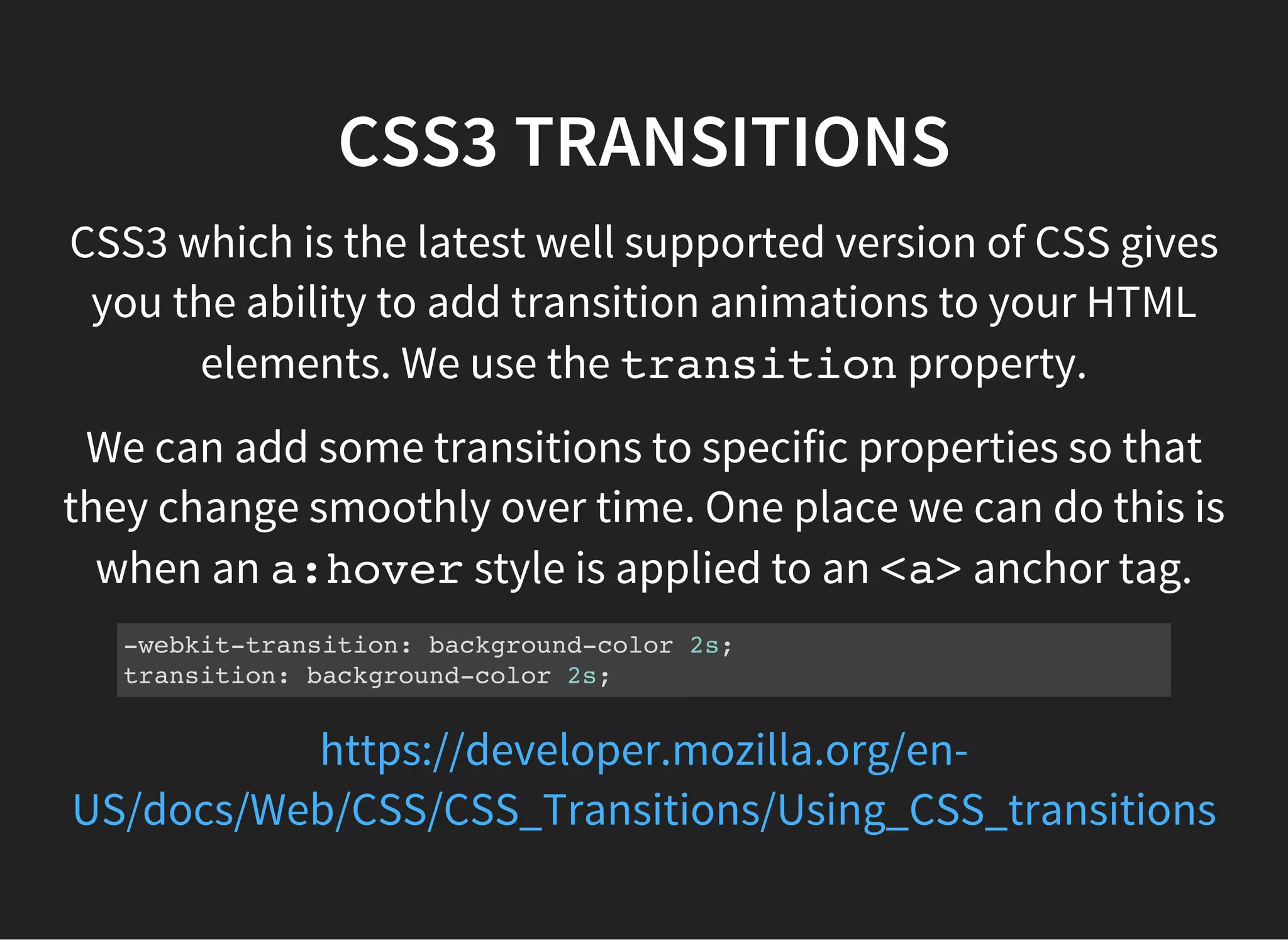 JAVASCRIPT AND THE DOM
JavaScript in the browser has an API (application program
interface) for accessing and editing the DOM (the document
object model) of an HTML document. The DOM is a
hierarchical tree representation of the structure of the HTML
in a web page.
JavaScript can target specific elements on an HTML page
and show, hide, style, edit and animate them. It can also
listen for events emitted by an HTML page (e.g mouse-clicks)
and invoke functions when an event occurs.
 