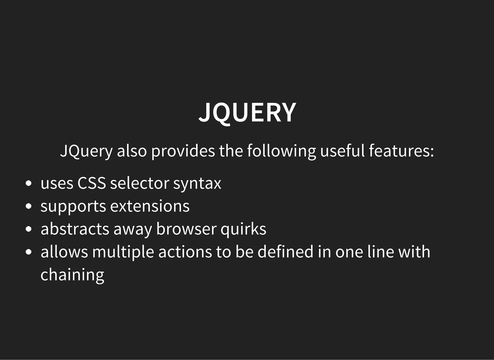 JQUERY SCROLLING
Firstly lets create some <a>anchor tags that link to other
parts of your same page. If you are linking to a spot on the
same page, the format of the link will be similar to:
<a href="#my-anchor">Jump to contact details</a> //note the # (hash)!
Now set the anchor where the first <a>will link to. The
anchor should be placed at the beginning of the line where
you want to start reading after you jump:
<p><a name="my-anchor"></a>Hey you can contact me at blah@blah.sg</p>
or you can target the id of a <div>
<div id="my-anchor">
 