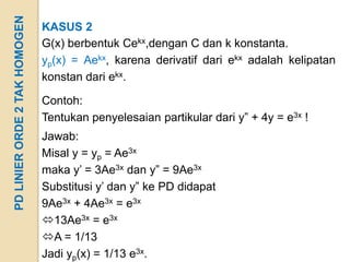 PD LINIER ORDE 2 TAK HOMOGEN
                               KASUS 2
                               G(x) berbentuk Cekx,dengan C dan k konstanta.
                               yp(x) = Aekx, karena derivatif dari ekx adalah kelipatan
                               konstan dari ekx.

                               Contoh:
                               Tentukan penyelesaian partikular dari y” + 4y = e3x !
                               Jawab:
                               Misal y = yp = Ae3x
                               maka y’ = 3Ae3x dan y” = 9Ae3x
                               Substitusi y’ dan y” ke PD didapat
                               9Ae3x + 4Ae3x = e3x
                               13Ae3x = e3x
                               A = 1/13
                               Jadi yp(x) = 1/13 e3x.
 