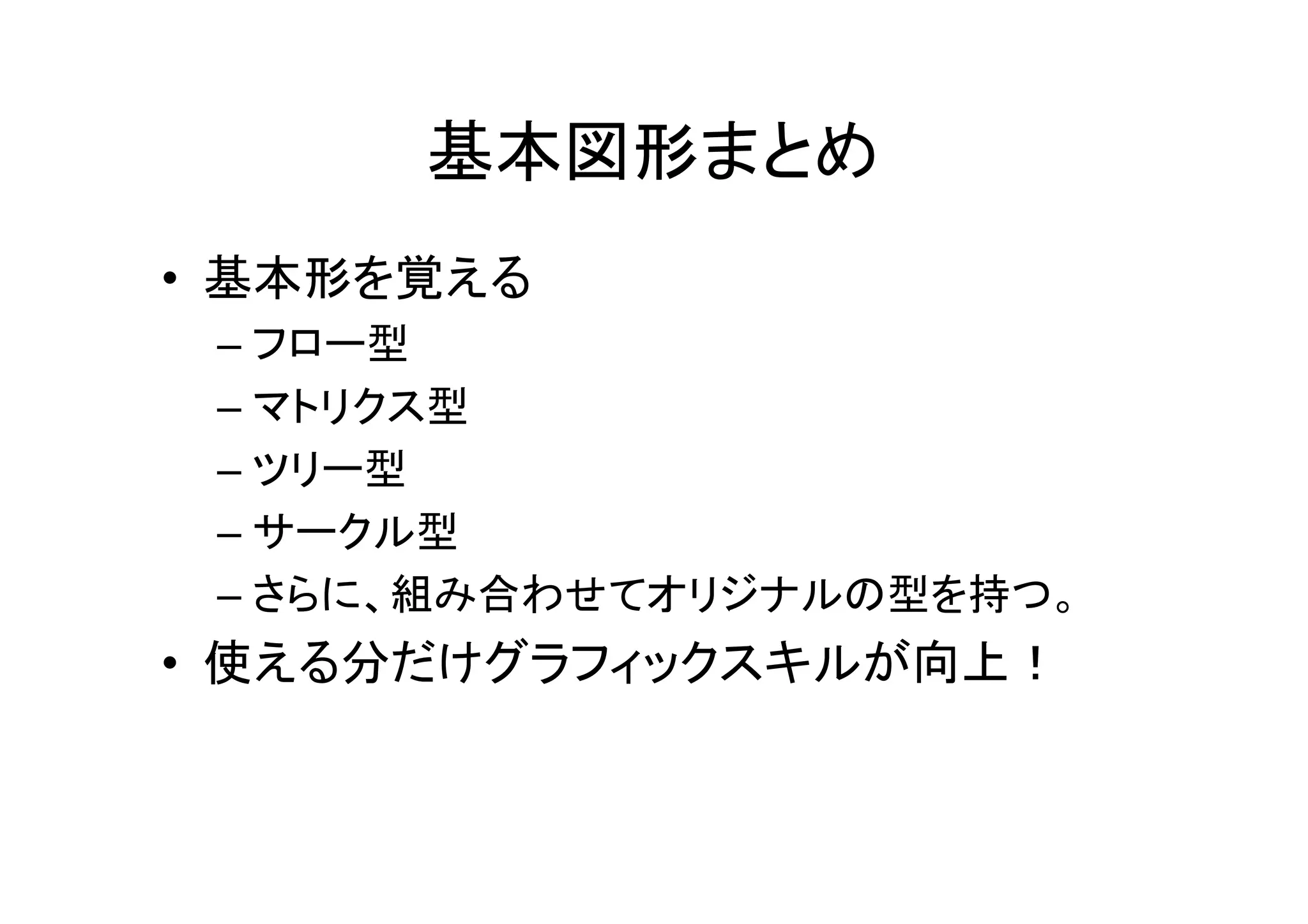 基本図形まとめ
• 基本形を覚える
 – フロー型
 – マトリクス型
 – ツリー型
 – サークル型
 – さらに、組み合わせてオリジナルの型を持つ。
• 使える分だけグラフィックスキルが向上！
 