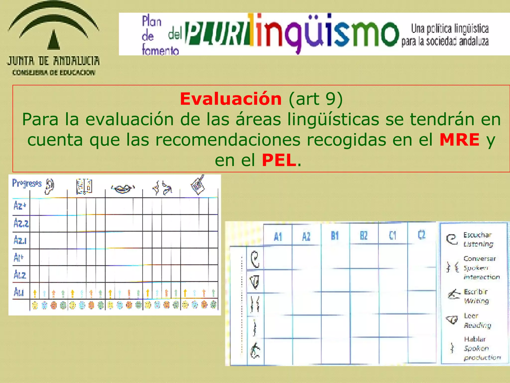 Evaluación  (art 9) Para la evaluación de las áreas lingüísticas se tendrán en cuenta que las recomendaciones recogidas en el  MRE  y en el  PEL .  