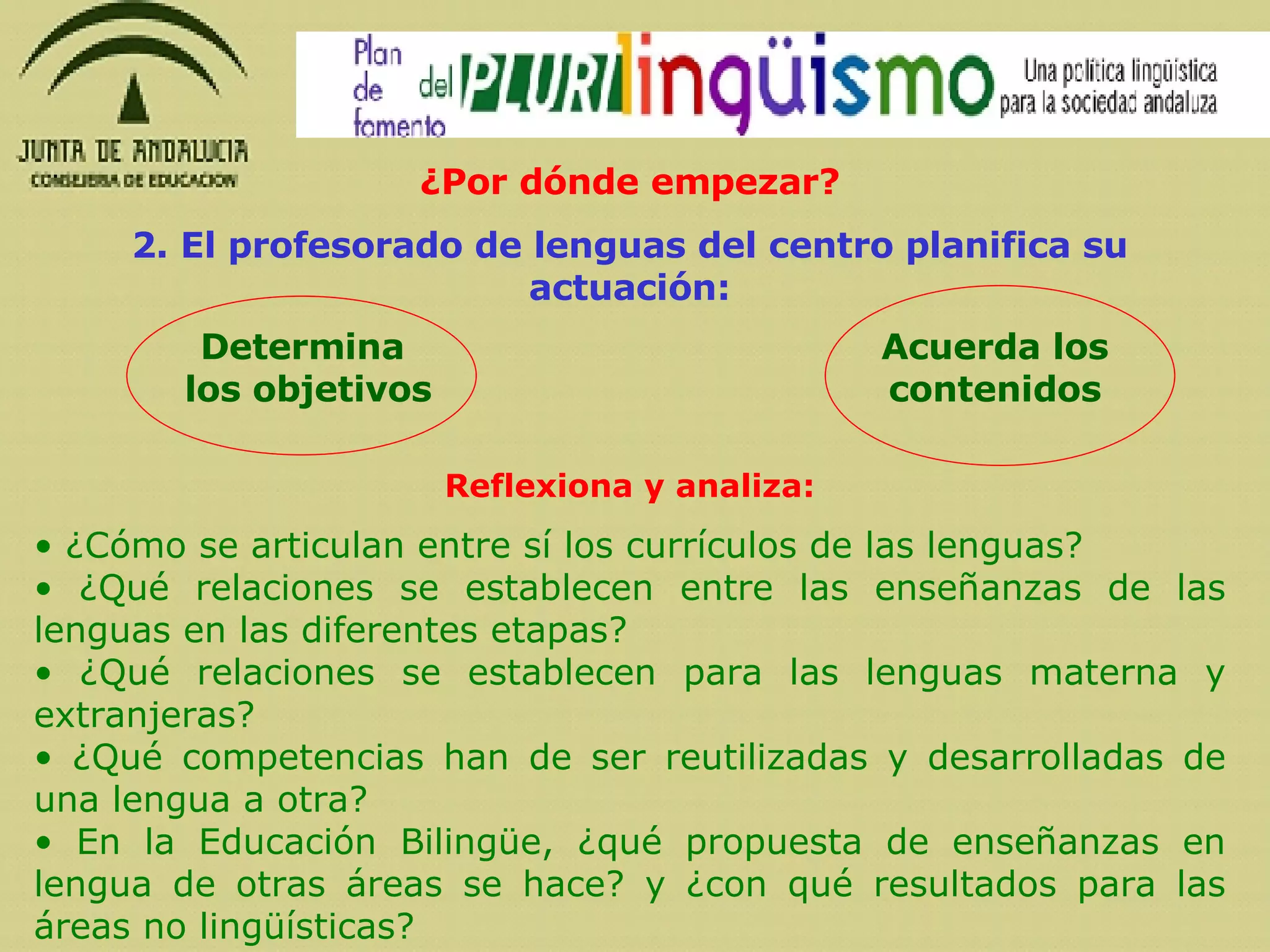 ¿Por dónde empezar? 2. El profesorado de lenguas del centro planifica su actuación: Determina  los objetivos Reflexiona y analiza: ¿Cómo se articulan entre sí los currículos de las lenguas? ¿Qué relaciones se establecen entre las enseñanzas de las lenguas en las diferentes etapas? ¿Qué relaciones se establecen para las lenguas materna y extranjeras?  ¿Qué competencias han de ser reutilizadas y desarrolladas de una lengua a otra?  En la Educación Bilingüe, ¿qué propuesta de enseñanzas en lengua de otras áreas se hace? y ¿con qué resultados para las áreas no lingüísticas?   Acuerda los contenidos 