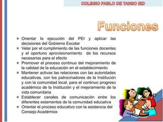 Orientar la ejecución del PEI y aplicar las
decisiones del Gobierno Escolar
Velar por el cumplimiento de las funciones docentes
y el oportuno aprovisionamiento de los recursos
necesarios para el efecto
Promover el proceso continuo del mejoramiento de
la calidad de la educación en el establecimiento
Mantener activas las relaciones con las autoridades
educativas, con los patrocinadores de la Institución
y con la comunidad local, para el continuo progreso
académico de la Institución y el mejoramiento de la
vida comunitaria
Establecer canales de comunicación entre los
diferentes estamentos de la comunidad educativa
Orientar el proceso educativo con la asistencia del
Consejo Académico
 