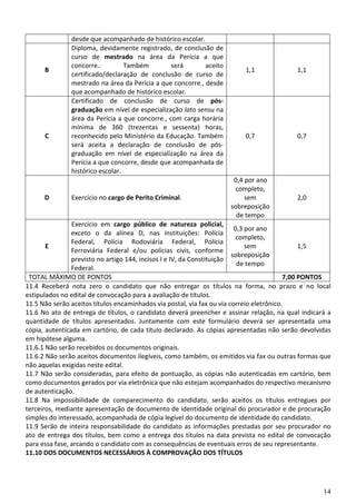 14
desde que acompanhado de histórico escolar.
B
Diploma, devidamente registrado, de conclusão de
curso de mestrado na área da Perícia a que
concorre.. Também será aceito
certificado/declaração de conclusão de curso de
mestrado na área da Perícia a que concorre., desde
que acompanhado de histórico escolar.
1,1 1,1
C
Certificado de conclusão de curso de pós-
graduação em nível de especialização lato sensu na
área da Perícia a que concorre., com carga horária
mínima de 360 (trezentas e sessenta) horas,
reconhecido pelo Ministério da Educação. Também
será aceita a declaração de conclusão de pós-
graduação em nível de especialização na área da
Perícia a que concorre, desde que acompanhada de
histórico escolar.
0,7 0,7
D Exercício no cargo de Perito Criminal.
0,4 por ano
completo,
sem
sobreposição
de tempo
2,0
E
Exercício em cargo público de natureza policial,
exceto o da alínea D, nas instituições: Polícia
Federal, Polícia Rodoviária Federal, Polícia
Ferroviária Federal e/ou polícias civis, conforme
previsto no artigo 144, incisos I e IV, da Constituição
Federal.
0,3 por ano
completo,
sem
sobreposição
de tempo
1,5
TOTAL MÁXIMO DE PONTOS 7,00 PONTOS
11.4 Receberá nota zero o candidato que não entregar os títulos na forma, no prazo e no local
estipulados no edital de convocação para a avaliação de títulos.
11.5 Não serão aceitos títulos encaminhados via postal, via fax ou via correio eletrônico.
11.6 No ato de entrega de títulos, o candidato deverá preencher e assinar relação, na qual indicará a
quantidade de títulos apresentados. Juntamente com este formulário deverá ser apresentada uma
cópia, autenticada em cartório, de cada título declarado. As cópias apresentadas não serão devolvidas
em hipótese alguma.
11.6.1 Não serão recebidos os documentos originais.
11.6.2 Não serão aceitos documentos ilegíveis, como também, os emitidos via fax ou outras formas que
não aquelas exigidas neste edital.
11.7 Não serão consideradas, para efeito de pontuação, as cópias não autenticadas em cartório, bem
como documentos gerados por via eletrônica que não estejam acompanhados do respectivo mecanismo
de autenticação.
11.8 Na impossibilidade de comparecimento do candidato, serão aceitos os títulos entregues por
terceiros, mediante apresentação de documento de identidade original do procurador e de procuração
simples do interessado, acompanhada de cópia legível do documento de identidade do candidato.
11.9 Serão de inteira responsabilidade do candidato as informações prestadas por seu procurador no
ato de entrega dos títulos, bem como a entrega dos títulos na data prevista no edital de convocação
para essa fase, arcando o candidato com as consequências de eventuais erros de seu representante.
11.10 DOS DOCUMENTOS NECESSÁRIOS À COMPROVAÇÃO DOS TÍTULOS
 
