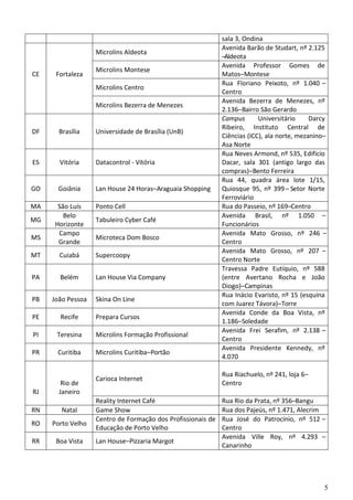5
sala 3, Ondina
Microlins Aldeota
Avenida Barão de Studart, nº 2.125
–Aldeota
CE Fortaleza
Microlins Montese
Avenida Professor Gomes de
Matos–Montese
Microlins Centro
Rua Floriano Peixoto, nº 1.040 –
Centro
Microlins Bezerra de Menezes
Avenida Bezerra de Menezes, nº
2.136–Bairro São Gerardo
DF Brasília Universidade de Brasília (UnB)
Campus Universitário Darcy
Ribeiro, Instituto Central de
Ciências (ICC), ala norte, mezanino–
Asa Norte
ES Vitória Datacontrol - Vitória
Rua Neves Armond, nº 535, Edifício
Dacar, sala 301 (antigo largo das
compras)–Bento Ferreira
GO Goiânia Lan House 24 Horas–Araguaia Shopping
Rua 44, quadra área lote 1/15,
Quiosque 95, nº 399– Setor Norte
Ferroviário
MA São Luís Ponto Cell Rua do Passeio, nº 169–Centro
MG
Belo
Horizonte
Tabuleiro Cyber Café
Avenida Brasil, nº 1.050 –
Funcionários
MS
Campo
Grande
Microteca Dom Bosco
Avenida Mato Grosso, nº 246 –
Centro
MT Cuiabá Supercoopy
Avenida Mato Grosso, nº 207 –
Centro Norte
PA Belém Lan House Via Company
Travessa Padre Eutíquio, nº 588
(entre Avertano Rocha e João
Diogo)–Campinas
PB João Pessoa Skina On Line
Rua Inácio Evaristo, nº 15 (esquina
com Juarez Távora)–Torre
PE Recife Prepara Cursos
Avenida Conde da Boa Vista, nº
1.186–Soledade
PI Teresina Microlins Formação Profissional
Avenida Frei Serafim, nº 2.138 –
Centro
PR Curitiba Microlins Curitiba–Portão
Avenida Presidente Kennedy, nº
4.070
RJ
Rio de
Janeiro
Carioca Internet
Rua Riachuelo, nº 241, loja 6–
Centro
Reality Internet Café Rua Rio da Prata, nº 356–Bangu
RN Natal Game Show Rua dos Pajeús, nº 1.471, Alecrim
RO Porto Velho
Centro de Formação dos Profissionais de
Educação de Porto Velho
Rua José do Patrocínio, nº 512 –
Centro
RR Boa Vista Lan House–Pizzaria Margot
Avenida Ville Roy, nº 4.293 –
Canarinho
 