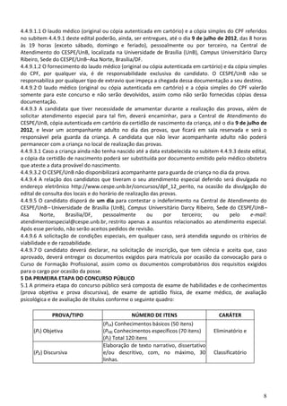 8
4.4.9.1.1 O laudo médico (original ou cópia autenticada em cartório) e a cópia simples do CPF referidos
no subitem 4.4.9.1 deste edital poderão, ainda, ser entregues, até o dia 9 de julho de 2012, das 8 horas
às 19 horas (exceto sábado, domingo e feriado), pessoalmente ou por terceiro, na Central de
Atendimento do CESPE/UnB, localizada na Universidade de Brasília (UnB), Campus Universitário Darcy
Ribeiro, Sede do CESPE/UnB–Asa Norte, Brasília/DF.
4.4.9.1.2 O fornecimento do laudo médico (original ou cópia autenticada em cartório) e da cópia simples
do CPF, por qualquer via, é de responsabilidade exclusiva do candidato. O CESPE/UnB não se
responsabiliza por qualquer tipo de extravio que impeça a chegada dessa documentação a seu destino.
4.4.9.2 O laudo médico (original ou cópia autenticada em cartório) e a cópia simples do CPF valerão
somente para este concurso e não serão devolvidos, assim como não serão fornecidas cópias dessa
documentação.
4.4.9.3 A candidata que tiver necessidade de amamentar durante a realização das provas, além de
solicitar atendimento especial para tal fim, deverá encaminhar, para a Central de Atendimento do
CESPE/UnB, cópia autenticada em cartório da certidão de nascimento da criança, até o dia 9 de julho de
2012, e levar um acompanhante adulto no dia das provas, que ficará em sala reservada e será o
responsável pela guarda da criança. A candidata que não levar acompanhante adulto não poderá
permanecer com a criança no local de realização das provas.
4.4.9.3.1 Caso a criança ainda não tenha nascido até a data estabelecida no subitem 4.4.9.3 deste edital,
a cópia da certidão de nascimento poderá ser substituída por documento emitido pelo médico obstetra
que ateste a data provável do nascimento.
4.4.9.3.2 O CESPE/UnB não disponibilizará acompanhante para guarda de criança no dia da prova.
4.4.9.4 A relação dos candidatos que tiveram o seu atendimento especial deferido será divulgada no
endereço eletrônico http://www.cespe.unb.br/concursos/dpf_12_perito, na ocasião da divulgação do
edital de consulta dos locais e do horário de realização das provas.
4.4.9.5 O candidato disporá de um dia para contestar o indeferimento na Central de Atendimento do
CESPE/UnB– Universidade de Brasília (UnB), Campus Universitário Darcy Ribeiro, Sede do CESPE/UnB–
Asa Norte, Brasília/DF, pessoalmente ou por terceiro; ou pelo e-mail:
atendimentoespecial@cespe.unb.br, restrito apenas a assuntos relacionados ao atendimento especial.
Após esse período, não serão aceitos pedidos de revisão.
4.4.9.6 A solicitação de condições especiais, em qualquer caso, será atendida segundo os critérios de
viabilidade e de razoabilidade.
4.4.9.7 O candidato deverá declarar, na solicitação de inscrição, que tem ciência e aceita que, caso
aprovado, deverá entregar os documentos exigidos para matrícula por ocasião da convocação para o
Curso de Formação Profissional, assim como os documentos comprobatórios dos requisitos exigidos
para o cargo por ocasião da posse.
5 DA PRIMEIRA ETAPA DO CONCURSO PÚBLICO
5.1 A primeira etapa do concurso público será composta de exame de habilidades e de conhecimentos
(prova objetiva e prova discursiva), de exame de aptidão física, de exame médico, de avaliação
psicológica e de avaliação de títulos conforme o seguinte quadro:
PROVA/TIPO NÚMERO DE ITENS CARÁTER
(P₁) Objetiva
(P₁A) Conhecimentos básicos (50 itens)
(P₁B) Conhecimentos específicos (70 itens)
(P₁) Total 120 itens
Eliminatório e
(P₂) Discursiva
Elaboração de texto narrativo, dissertativo
e/ou descritivo, com, no máximo, 30
linhas.
Classificatório
 