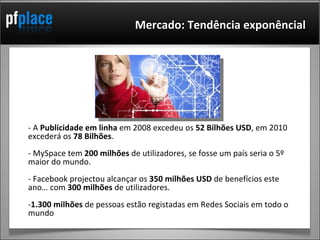 Mercado: Tendência exponêncial - A  Publicidade em linha  em 2008 excedeu os  52 Bilhões USD , em 2010 excederá os  78 Bilhões . - MySpace tem  200 milhões  de utilizadores, se fosse um país seria o 5º maior do mundo. - Facebook projectou alcançar os  350 milhões USD  de benefícios este ano… com  300 milhões  de utilizadores. - 1.300 milhões  de pessoas estão registadas em Redes Sociais em todo o mundo 