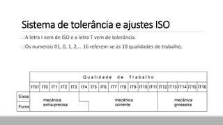 Sistema de tolerância e ajustes ISO
A letra I vem de ISO e a letra T vem de tolerância.
Os numerais 01, 0, 1, 2,… 16 referem-se às 18 qualidades de trabalho.
 
