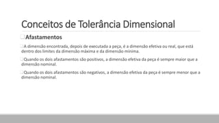 Conceitos de Tolerância Dimensional
Afastamentos
A dimensão encontrada, depois de executada a peça, é a dimensão efetiva ou real, que está
dentro dos limites da dimensão máxima e da dimensão mínima.
Quando os dois afastamentos são positivos, a dimensão efetiva da peça é sempre maior que a
dimensão nominal.
Quando os dois afastamentos são negativos, a dimensão efetiva da peça é sempre menor que a
dimensão nominal.
 