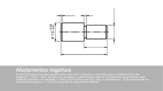Afastamentos negativos
A cota Ø 16 apresenta dois afastamentos com sinal - (menos), o que indica que os afastamentos são
negativos: - 0,20 e - 0,41. Quando isso acontece, o afastamento superior corresponde ao de menor valor
numérico absoluto. No exemplo, o valor 0,20 é menor que 0,41; logo, o afastamento - 0,20 corresponde ao
afastamento superior e - 0,41 corresponde ao afastamento inferior.
 