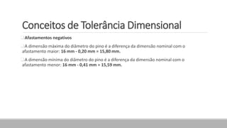 Conceitos de Tolerância Dimensional
Afastamentos negativos
A dimensão máxima do diâmetro do pino é a diferença da dimensão nominal com o
afastamento maior: 16 mm - 0,20 mm = 15,80 mm.
A dimensão mínima do diâmetro do pino é a diferença da dimensão nominal com o
afastamento menor: 16 mm - 0,41 mm = 15,59 mm.
 