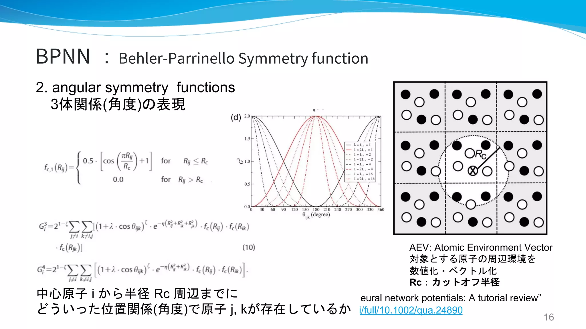BPNN ：Behler-Parrinello Symmetry function
“Constructing high-dimensional neural network potentials: A tutorial review”
https://onlinelibrary.wiley.com/doi/full/10.1002/qua.24890
2. angular symmetry functions
3体関係(角度)の表現
AEV: Atomic Environment Vector
対象とする原子の周辺環境を
数値化・ベクトル化
Rc：カットオフ半径
中心原子 i から半径 Rc 周辺までに
どういった位置関係(角度)で原子 j, kが存在しているか
16
 