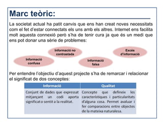 Marc teòric:
La societat actual ha patit canvis que ens han creat noves necessitats
com el fet d’estar connectats els uns amb els altres. Internet ens facilita
molt aquesta connexió però s’ha de tenir cura ja que és un medi que
ens pot donar una sèrie de problemes:

                       Informació no                          Excés
                        contrastada                       d’informació
        Informació                      Informació
          confusa                          falsa


Per entendre l’objectiu d’aquest projecte s’ha de remarcar i relacionar
el significat de dos conceptes:
 