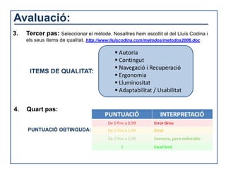 Avaluació:
3.   Tercer pas: Seleccionar el mètode. Nosaltres hem escollit el del Lluís Codina i
     els seus ítems de qualitat. http://www.lluiscodina.com/metodos/metodos2006.doc

                                             Autoria
                                             Contingut
                                             Navegació i Recuperació
      ITEMS DE QUALITAT:
                                             Ergonomia
                                             Lluminositat
                                             Adaptabilitat / Usabilitat


4.   Quart pas:


     PUNTUACIÓ OBTINGUDA:
 