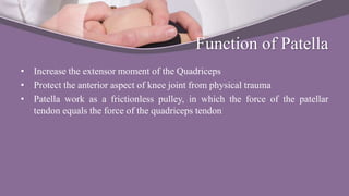 Function of Patella
• Increase the extensor moment of the Quadriceps
• Protect the anterior aspect of knee joint from physical trauma
• Patella work as a frictionless pulley, in which the force of the patellar
tendon equals the force of the quadriceps tendon
 
