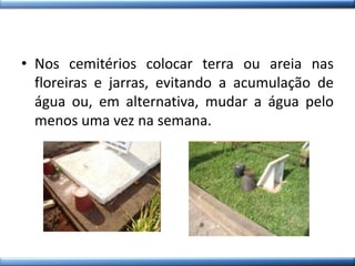 • Nos cemitérios colocar terra ou areia nas
floreiras e jarras, evitando a acumulação de
água ou, em alternativa, mudar a água pelo
menos uma vez na semana.
 