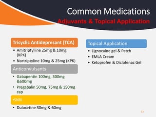 13
Common Medications
Adjuvants & Topical Application
Tricyclic Antidepresant (TCA)
• Amitriptylline 25mg & 10mg
(KPK)
• Nortriptyline 10mg & 25mg (KPK)
Anticonvulsants
• Gabapentin 100mg, 300mg
&600mg
• Pregabalin 50mg, 75mg & 150mg
cap
•SNRI
• Duloxetine 30mg & 60mg
Topical Application
• Lignocaine gel & Patch
• EMLA Cream
• Ketoprofen & Diclofenac Gel
 
