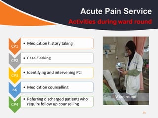 35
Acute Pain Service
Activities during ward round
CP1
• Medication history taking
CP2
• Case Clerking
CP3
• Identifying and intervening PCI
BK
• Medication counselling
CP4
• Referring discharged patients who
require follow up counselling
Ward round
 