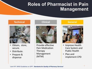 7
Roles of Pharmacist in Pain
Management
• Obtain, store,
secure.
• Distribute.
• Prepare &
dispense
Technical
Provide effective
Pain Medication
Therapy
Management
(MTM)
Clinical
• Improve Health
Care System and
Public Health
• Plan and
implement CPD
General
“Joint FIP / WHO Guidelines on GPP : Standards for Quality of Pharmacy Services”
 