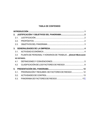 TABLA DE CONTENIDO

INTRODUCCIÓN ........................................................................................................ 1
2.     JUSTIFICACIÓN Y OBJETIVOS DEL PANORAMA........................................... 2
  2.1.      JUSTIFICACIÓN ........................................................................................... 2
  2.2.      PROPÓSITOS .............................................................................................. 2
  2.3.      OBJETIVOS DEL PANORAMA ..................................................................... 3

3.     GENERALIDADES DE LA EMPRESA................................................................ 4
  3.1.      ACTIVIDAD ECONÓMICA ............................................................................ 4
  3.3       PLANTA DE PERSONAL Y HORARIOS DE TRABAJO ...¡ERROR! MARCADOR
     NO DEFINIDO.

  4.1       DEFINICIONES Y CONVENCIONES............................................................ 5
  4.2       CLASIFICACIÓN DE LOS FACTORES DE RIESGO .................................... 8

5.     PRESENTACIÓN DEL PANORAMA................................................................. 12
  5.1.      PRIORIZACIÓN Y RESUMEN DE FACTORES DE RIESGO ..................... 12
  5.2.      ACTIVIDADES DE CONTROL .................................................................... 13
  5.3.      PANORAMA DE FACTORES DE RIESGO ............................................... 177
 