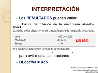 INTERPRETACIÓN
 Los RESULTADOS pueden variar:
◦ Factor de difusión de la membrana alveolo-
capilar
◦ Alteraciones en el volumen capilar pulmonar
◦ Alteraciones en la tasa de combinación del gas
con la Hb (anemia, tabaquismo, etc.)
 CORRECCIONES por el Va y por la Hb
para evitar estas alteraciones
 DLcoc/Va = Kco
LIN 80%
 