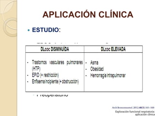 APLICACIÓN CLÍNICA
 ESTUDIO:
◦ EPOC  detección precoz enfisema
◦ Patología pulmonar intersticial
◦ Patrones restrictivos
◦ Hemorragias alveolares
◦ Preoperatorio
 