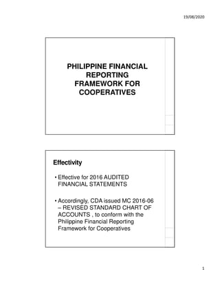 19/08/2020
1
PHILIPPINE FINANCIAL
REPORTING
FRAMEWORK FOR
COOPERATIVES
Effectivity
• Effective for 2016 AUDITED
FINANCIAL STATEMENTS
• Accordingly, CDA issued MC 2016-06
– REVISED STANDARD CHART OF
ACCOUNTS , to conform with the
Philippine Financial Reporting
Framework for Cooperatives
 