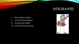 INTEGRANTES
I. Diana Reto Valdez
II. Jennifer Ruiz Zegarra
III. Angie Rujel Ubillus
IV. Leslie Vilchez Cornejo
 
