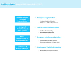 Problem-Solution
Perceptual
Fragmentation
Unaligned
Understanding &
Value-systems
✓ Perceptive Fragmentation
• Problem-Solution Mindset
• Orthodox Solutions Orientation
✓ Lack of Values-based Alignment
• Unclear Understanding
• Multiple Interpretations
‘Problematiques’ Structural Characteristics (2 / 2)
Multi-
Dimensionality of
Ecosystem Balance
Limitations of
Ecological Analysis
✓ Ecosystem Imbalance as Pathology
• Complex Networked Ecologies
• Ecosystemic Balance as Value-Base
✓ Challenges of Ecological Modelling
• Methodological approximations
 