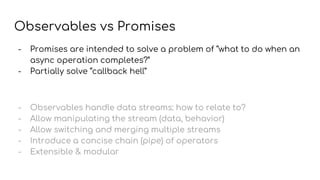 Observables vs Promises
- Promises are intended to solve a problem of “what to do when an
async operation completes?”
- Partially solve “callback hell”
- Observables handle data streams: how to relate to?
- Allow manipulating the stream (data, behavior)
- Allow switching and merging multiple streams
- Introduce a concise chain (pipe) of operators
- Extensible & modular
 