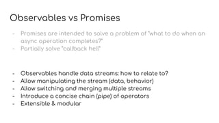 Observables vs Promises
- Promises are intended to solve a problem of “what to do when an
async operation completes?”
- Partially solve “callback hell”
- Observables handle data streams: how to relate to?
- Allow manipulating the stream (data, behavior)
- Allow switching and merging multiple streams
- Introduce a concise chain (pipe) of operators
- Extensible & modular
 