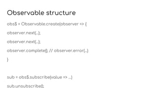 Observable structure
obs$ = Observable.create(observer => {
observer.next(...);
observer.next(...);
observer.complete(); // observer.error(...)
}
sub = obs$.subscribe(value => …)
sub.unsubscribe();
 