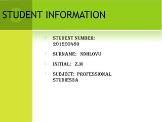 STUDENT INFORMATION


Student number:
201200489



Surname: ndHLOVu



InItIaL: Z.m



Subject: prOfeSSIOnaL
StudIeS3a

 