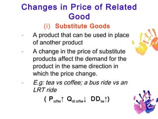 Changes in Price of Related
Good
-

-

(i) Substitute Goods
A product that can be used in place
of another product
A change in the price of substitute
products affect the demand for the
product in the same direction in
which the price change.
E.g: tea vs coffee; a bus ride vs an
LRT ride
( P coffee ↑ Q dd coffee ↓ DD tea ↑)
17

 