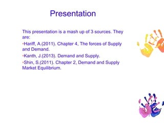 Presentation
This presentation is a mash up of 3 sources. They
are:
•Hariff, A.(2011). Chapter 4, The forces of Supply
and Demand.
•Kanth, J.(2013). Demand and Supply.
•Shin, S.(2011). Chapter 2, Demand and Supply
Market Equilibrium.

2

 