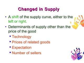 Changed in Supply
• A shift of the supply curve, either to the
left or right.
• Determinants of supply other than the
price of the good
 Technology
 Prices of related goods
 Expectation
 Number of sellers
31

 