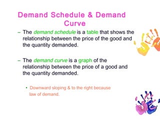 Demand Schedule & Demand
Curve
– The demand schedule is a table that shows the
relationship between the price of the good and
the quantity demanded.
– The demand curve is a graph of the
relationship between the price of a good and
the quantity demanded.
• Downward sloping & to the right because
law of demand.

8

 